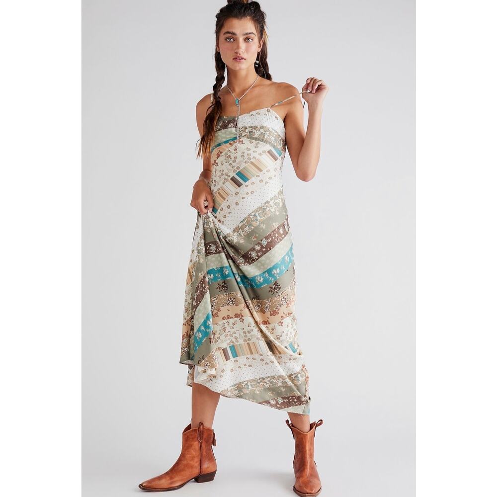Free People Fiona Maxi Bodycon Dress Confetti Rainbow Striped Floral Boho Large